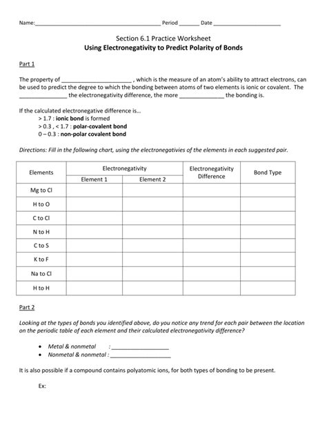 Worksheet Polarity Of Bonds Answers