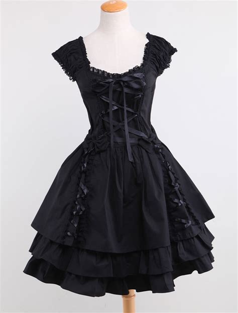 Gothic Lolita Dress OP Black Square Neck Short Sleeve Ruffle Tiered ...