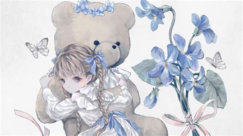 Anime Girl Teddy Bear White Dress Butterfly Blue Flowers Hd Anime Girl Wallpapers Hd