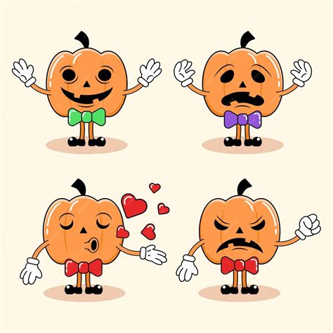 Conjunto De Cuatro Lindos Dibujos Animados De Linternas De Calabaza