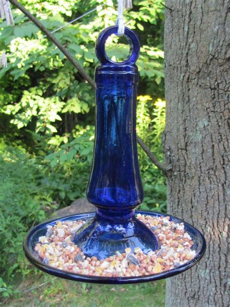 Recycled Material Bird Feeder Cobalt Blue Etsy Bird Feeders Recycling Yard Art