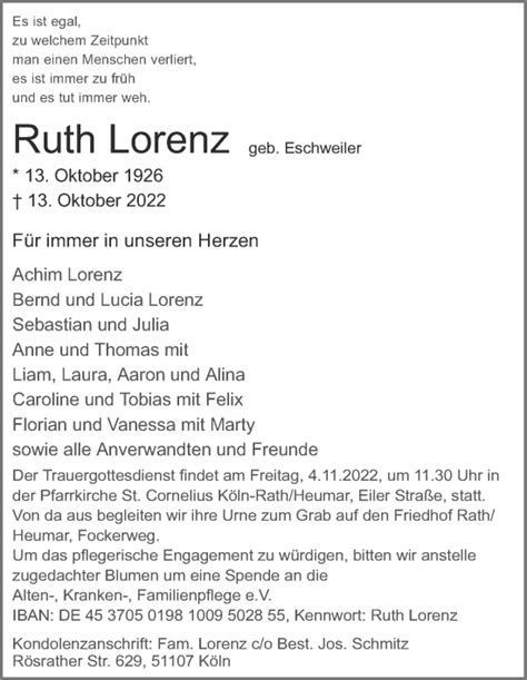 Traueranzeigen Von Ruth Lorenz Wirtrauern