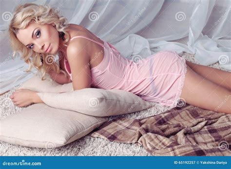 Beautiful Woman With Blond Curly Hair Wears Elegant Lingerie Dress Stock Image Image Of