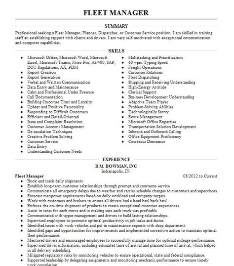 Fleet Manager Resume Example