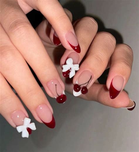 3d Cherry Bowknot French Nail Custom Press On Nails Hand Made Press