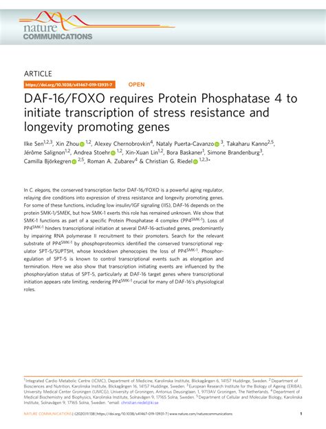 PDF DAF 16 FOXO Requires Protein Phosphatase 4 To Initiate