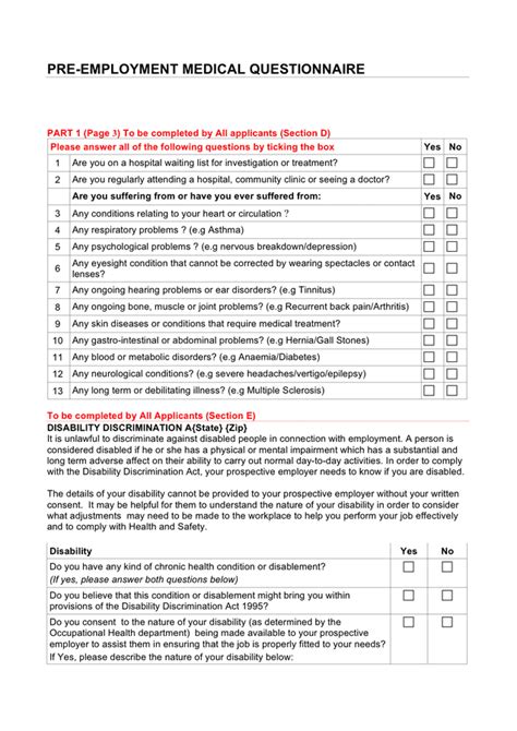 Pre Employment Questionnaire Template Tutoreorg Master Of Documents