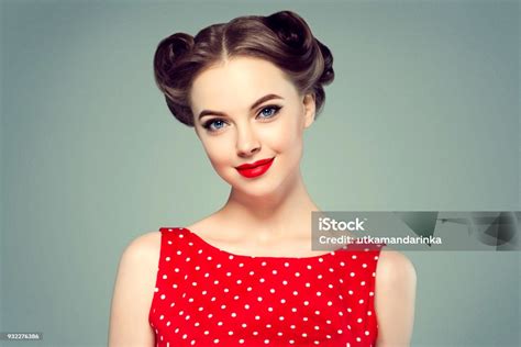 Pin Up Girl Vintage Beautiful Woman Pinup Style Portrait In Retro Dress