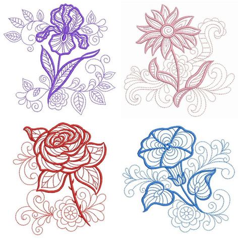 Redwork Flowers Of The Month Set 12 Designs 3 Sizes Products