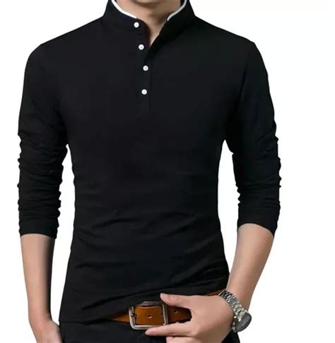 Polos Cuello Chino Modelo Henley Manga Larga Para Hombres Cuotas Sin