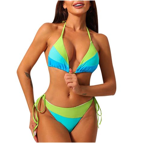 Deals Utsjkr Women S Color Block Halter Triangle Bikini Set Piece Swimsuits Self Tie Bathing