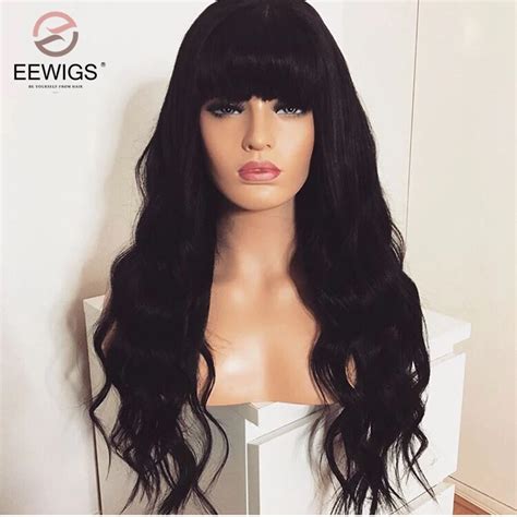 Eewigs Natural Wave Lace Front Wigs With Bangs 180 Density Black Wig