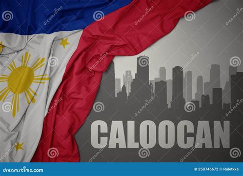 Abstract Silhouette of the City with Text Caloocan Near Waving National Flag of Philippines on a ...