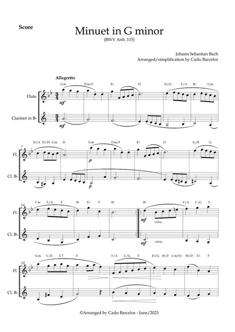 Minuet In G Minor Bwv Anh 115 Bach Flute And Clarinet Chords Arr Cadu Barcelos By Johann