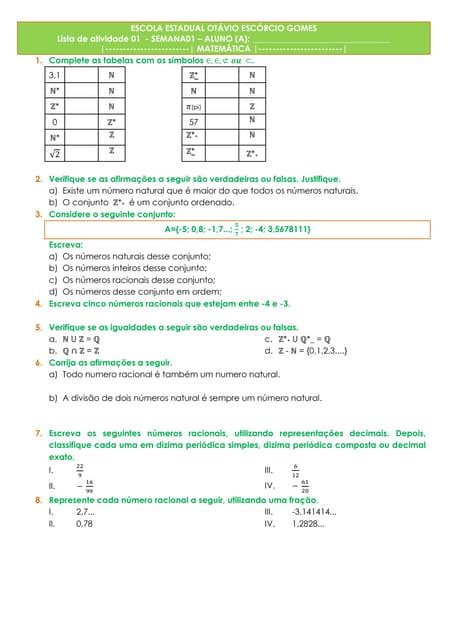 Atividade Conjuntos NumÉricos Pdf