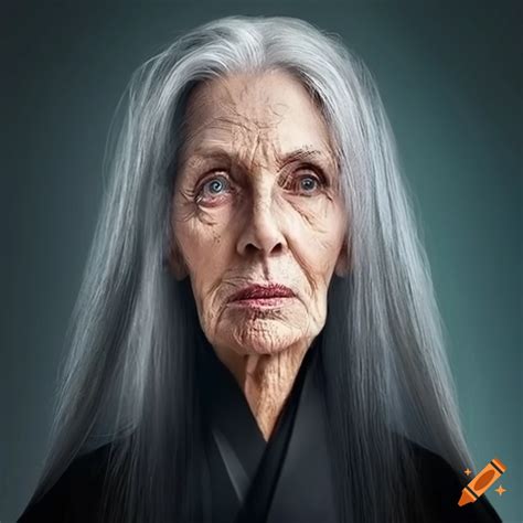 Portrait Of A Year Old Woman With Long Gray Hair In A Black Robe On