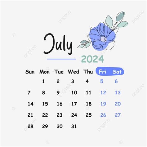 Calendário Mensal De Julho De 2024 Vetor Transparente PNG Calendário