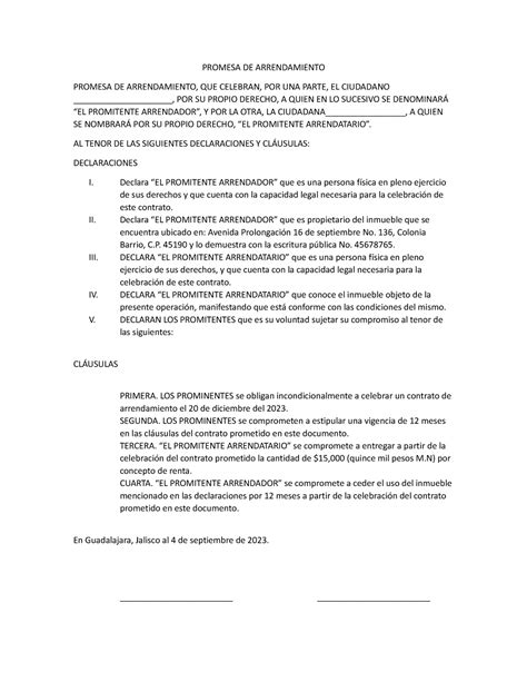 Contrato De Promesa De Contratar Promesa De Renta Promesa De