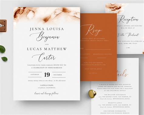 Burnt Orange Wedding Invitation Set Printable Watercolor Etsy