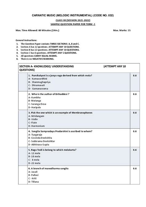 Cbse Class Sample Paper For Carnatic Music Melodic Instrument