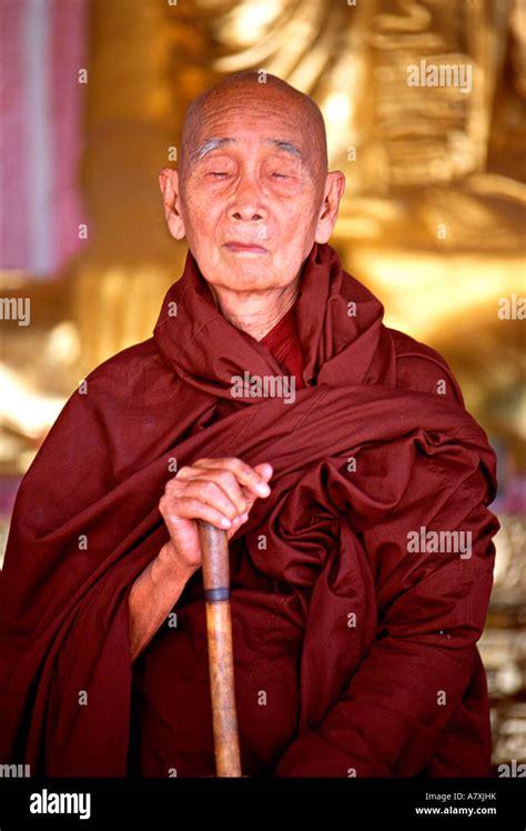 Asia China Yunnan Province Old Monk With Staff At Buddhist Golden