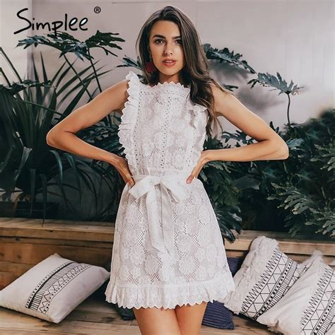 Simplee Elegant Embroidery Lace Women Dress Hollow Out Sashes Ruffle