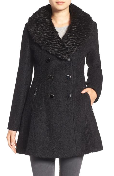 Guess Bouclé Fit And Flare Coat With Faux Fur Collar Nordstrom