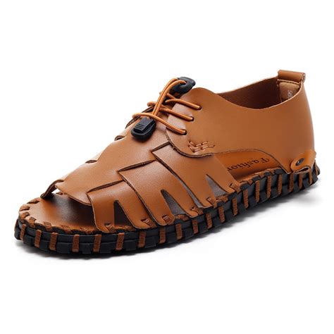 Men Soft Genuine Leather Sandals Slip On Breathable Shoes Genuine Leather Sandals Breathable