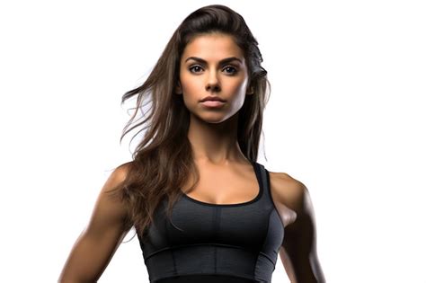 Premium AI Image Pretty Petite Brunette Woman In A Small Black Sports Bra On A White Background