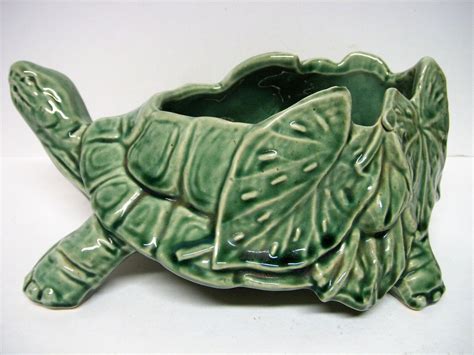 Vintage 1950 Mccoy Pottery Leafy Green Turtle Planter Marked Mccoy Usa