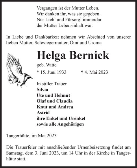 Traueranzeigen Von Helga Bernick Abschied Nehmen De