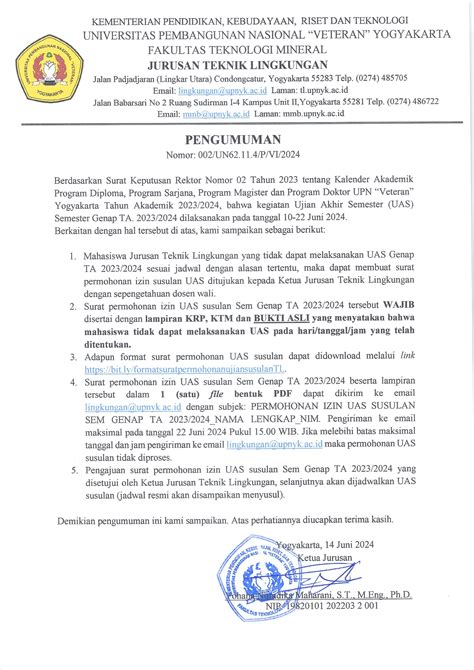 Pengumuman UAS Susulan Semester Genap TA 2023 2024 Program Studi