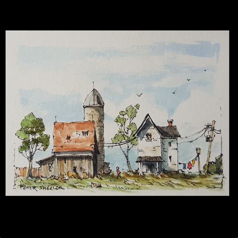 A simple farmhouse and laundry in line and wash watercolor. Easy to ...