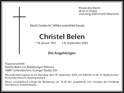 Traueranzeigen Von Christel Belen Sich Erinnern De