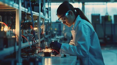 Premium Photo Young Female Scientist Wearing A Lab Coat And Safety Goggles Works In A Modern