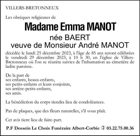 Madame Emma Manot Née Baert Pompes Funèbres Dessein