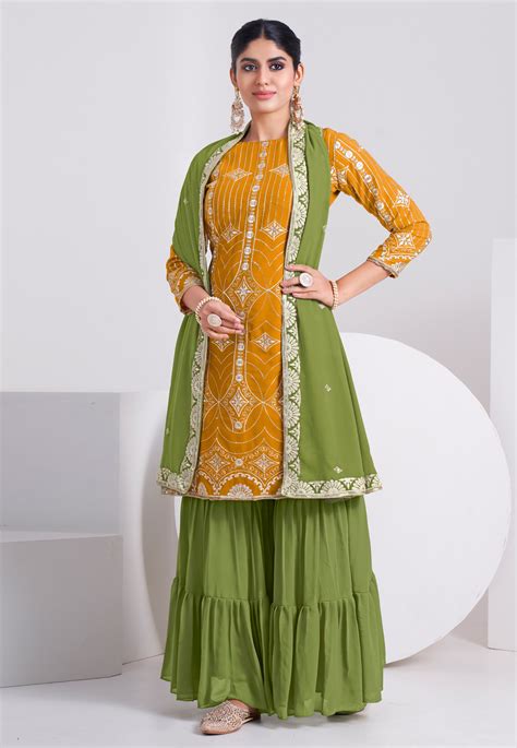 Faux Georgette Sharara Suit In Mustard Colour