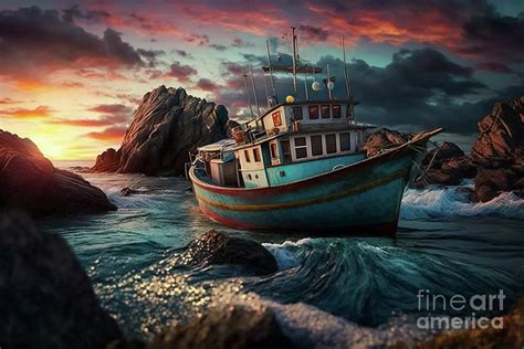 Illustration Of Colorful Fishing Boat At The Sea Shore Under Evening