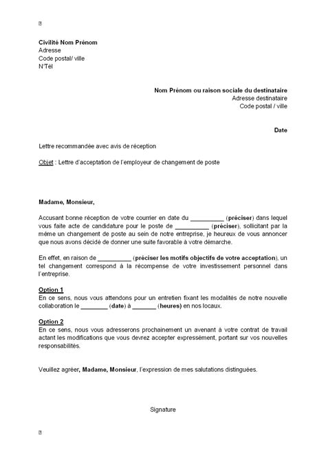 Modele De Lettre Acceptation D Un Poste Exemple De Lettre