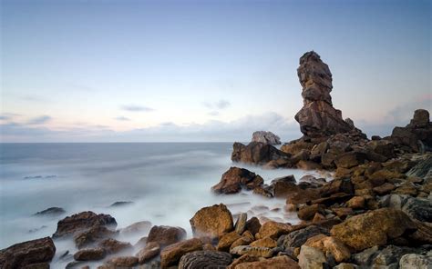 Wallpaper Landscape Sea Bay Rock Shore Sand Stones Beach Tower Coast Cliff Horizon