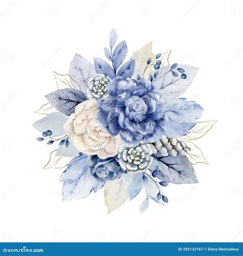 A Watercolor Vector Winter Bouquet With Dusty Blue Flowers And Leaves