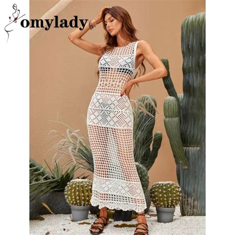 2022 White Crochet Tunic Bikini Cover Ups Y See Through Hollow Out