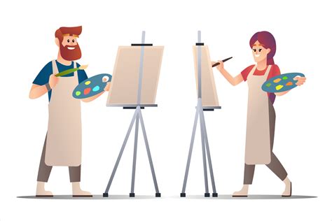 Male and female artists painting on canvas, vector cartoon illustration ...