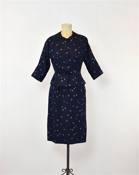 1950s Randk Originals Floral Navy Blue Dress And Jacket Matching Two Piece