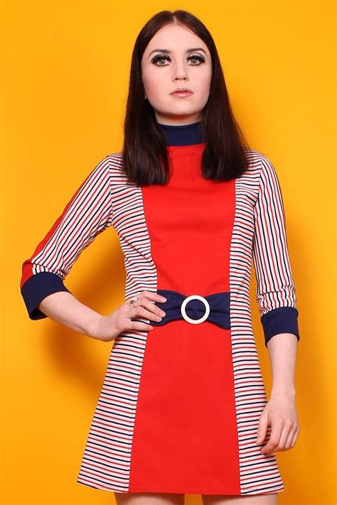 60s REPRO RED STRIPE MOD SCOOTER BUCKLE GO GO SPACE AGE MINI DRESS From