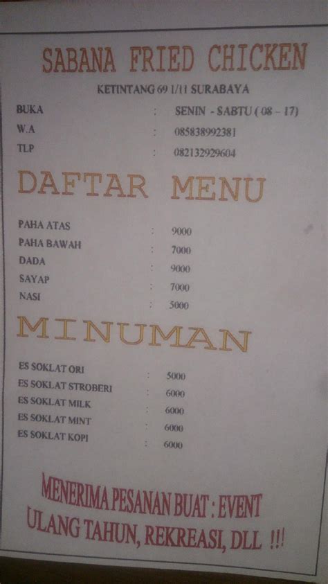 Menu At Sabana Fried Chicken Restaurant Surabaya Jl Ketintang No