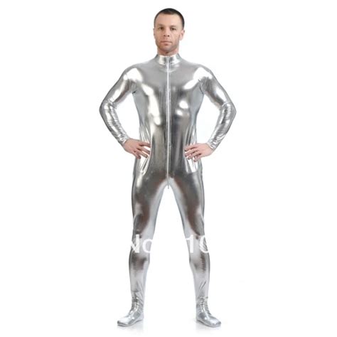 Free Shipping Silver Shiny Metallic Zentai Catsuit For Men Leotard