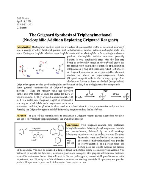 Nucleophilic Addition Exploring Grignard Reagents Lab Report By Baili ...