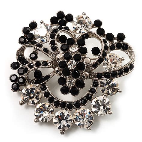 Red Jet Black Diamante Corsage Brooch Black Tone Avalaya