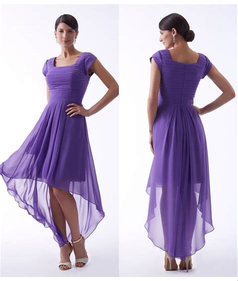 Purple High Low Short Modest Bridesmaid Dresses With Short Sleeves A